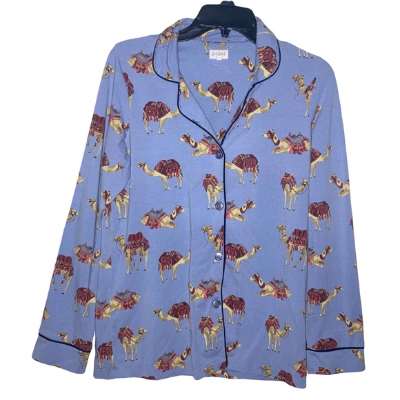 BedHead Blue Caravan Camel Printed Pajama Shirt XS USA Bergdorf Goodman Long Slv - Picture 1 of 6